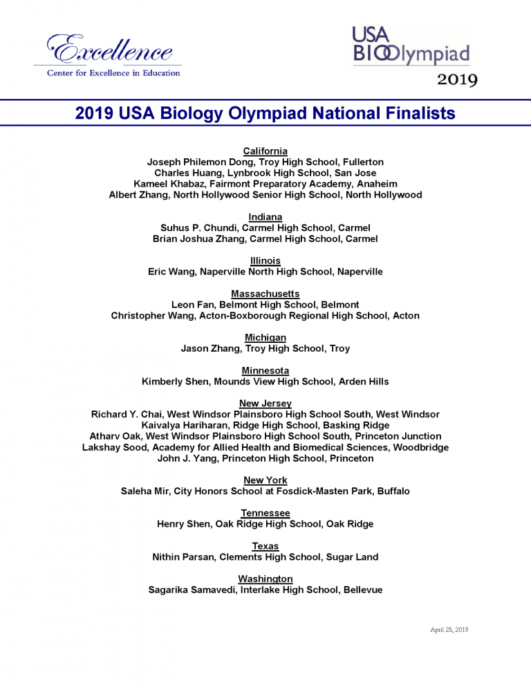 2019 USABO National Finalists Biolympiads